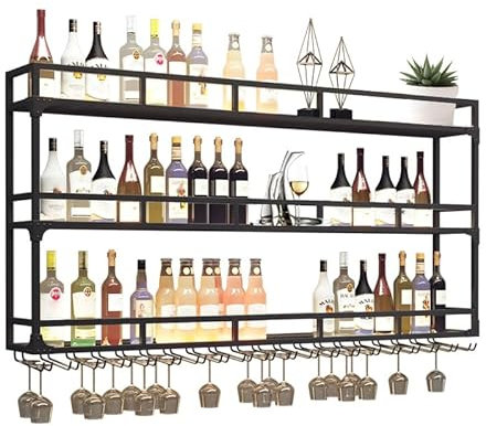 RAJYQODIS Wandmontierte Weinregal mit Glashalter, Bar-Einheit aus Hängeregal schwebende Regale,Metall Weinflasche Glashalter Wandmontage für Esszimmer Home Bar Küche dekorative (Schwarz, 180cm)