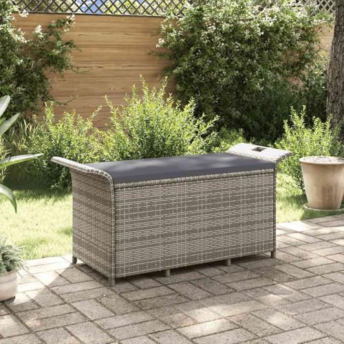 Myheimly Gartenbank mit Kissen Gartenbank Poly Rattan Bank Sitzbank Auflagenbox Kissenbox Gartentruhe Grau 116x46x57 cm Poly Rattan