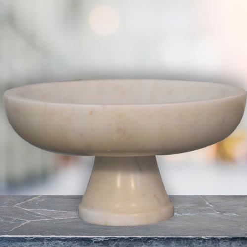 White Marble Pedestal Fruit Bowl, 25 cm Diameter, Decorative Kitchen Centrepiece