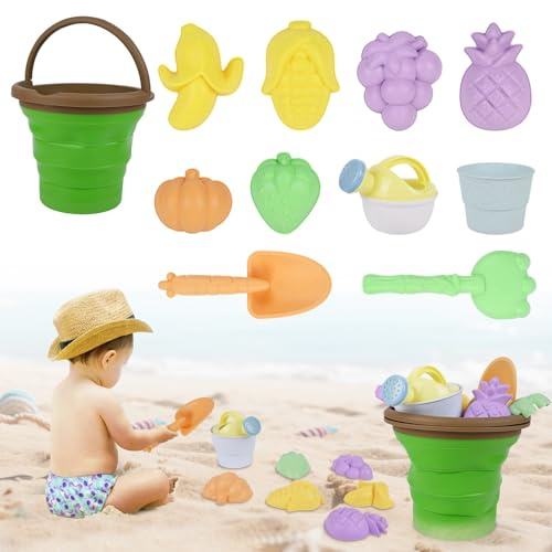 Gerbala Sandspielzeug für Kinder, 11 Stück Sandspielzeug mit Kiwi Faltbarer Eimer, Sanspielzeugset, Sandspielzeug Strand, Sandkasten Spielzeug für Kinder 3 4 5 6 7 Jahre (Grün)