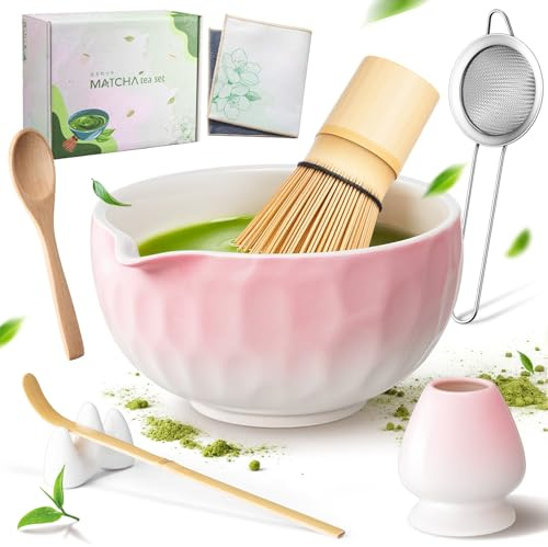 URBZUE Matcha Set 8-Teilig – Japanisches Matcha Tee Set mit Bambus Matcha Whisk, Matcha Schale mit Ausgießer, Sieb, Besenhalter, Löffel & Halter, Geschenk für Matcha-Liebhaber, Farbverlauf Rosa