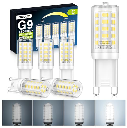 G9 LED Kaltweiss Dimmbar, 3W 480LM Energieeffizienzklasse C G9 Glühbirne | Ersatz für 40W 50W Halogenlampe, 6000K G9 LED Leuchtmittel Kein Flackern, AC 220-240V, Enegiesparende Kleine G9 Lampe 5 Stück