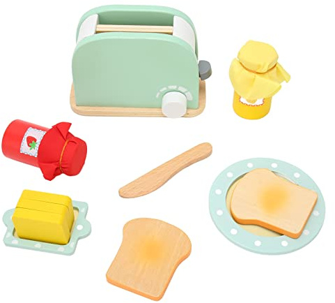 HEEPDD Toaster pour Enfants, Jouet de Fabricant de Pain en Bois Ensemble pour Les Enfants avec Bouteille de Pain Jaune Tranches de Plaque en sécurité pour Les Filles Garçons Jouez à la Cuisine