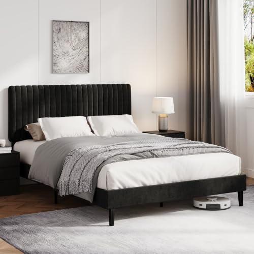 HOMBCK Double Bed Frame with Headboard, 135 X 190 Cm, Black | Upholstered Bed Frame, Velvet, Adjustable Height, Wooden Slat Support, No Box Spring Needed