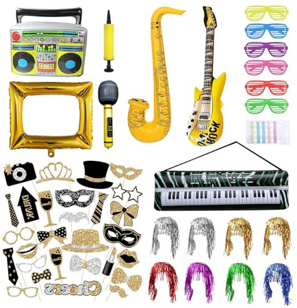 71 Stück Party Deko Fotobox Accessoires, Foto Booth Requisiten Mützen Perücken Party Zubehör für Hochzeit, Halloween, Weihnachten, Tischdeko Geburtstag, Karneval, Silvester Deko