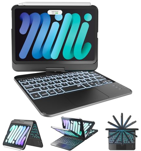 NOKBABO iPad mini 7 Keyboard Case with Trackpad A17 Pro（2024）& iPad mini 6 Case with Keyboard 2021 8.3 Inch, 360° Swivel & Rainbow Backlit for iPad mini 7th/6th Generation - Blcak