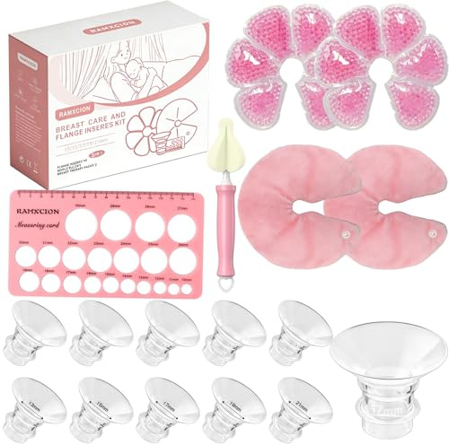 Flange Inserts 13/15/17/19/21mm for 24mm Flange/Shield of Most Breast Pump, 3-in-1 Breast Cooling Gel Pads & Nipple Rulers - BPA Free, Flange Sizing Kit for New Moms (Flange Inserts+Gel Pads)