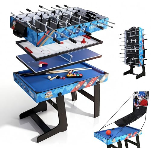 homelikesport 5-in-1-Spieltisch, zusammenklappbar, Tischfußball, Air Hockey, Ping-Pong, Billard, Basketball