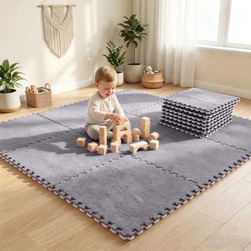 12 Stück Ineinandergreifende Plüsch puzzleteppich, 30x30cm Schaumstoff Puzzle Matten Boden, puzzlematte Baby,Teppich Fliesen Schaumstoff-Bodenmatte, Wohnzimmer-Schlafzimmer-Teppichfliesen,Grau