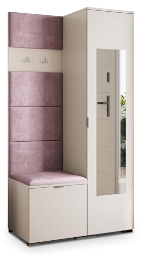 Masseno Flugarderoben Set VIRA, Kleiderschrank-Set mit Spiegel und Sitzbank, Garderobenschrank Flur mit 3 Regalböden, Kaschmir