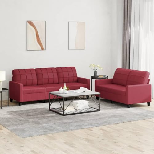 FWIKDUN Moderne Sofagarnitur aus Weinrot Kunstleder als 2-TLG. Sofa Set mit Kissen