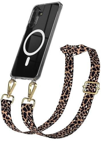 EAZY CASE Handykette - Verstellbares Taschenband kompatibel mit Galaxy A17, Schulterriemen, Handykordel mit Silikon Hülle, Qi Charging kompatibel, Umhängetasche, Leo - Schwarz Braun Gold