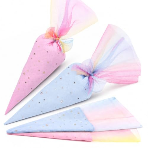 2er Geschwister Stoff-Schultüte klein 49 cm, Rosa/Blau, zum Befüllen | Mini Zuckertüte mit 2 Einschulungskarten für Mädchen & Jungen – Mini Schultüten zum Befüllen, ohne Pappkegel