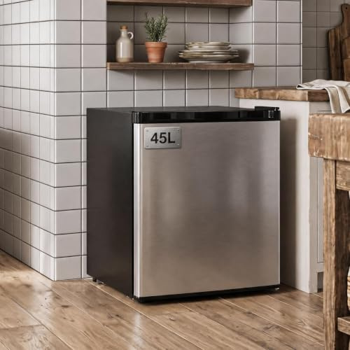 GarveeMore 47L Small Fridge with Freezer Stainless Steel Mini Fridge | 45x47x50cm | Adjustable 5-Stage Thermostat | Reversible Door | 41DB Quiet Refrigerator