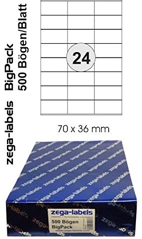 12.000 Etiketten 70 x 36 mm selbstklebend auf DIN A4 Bögen (3x8 Etiketten) - 500 Blatt Bigpack - Universell für Laser/Inkjet/Kopierer einsetzbar