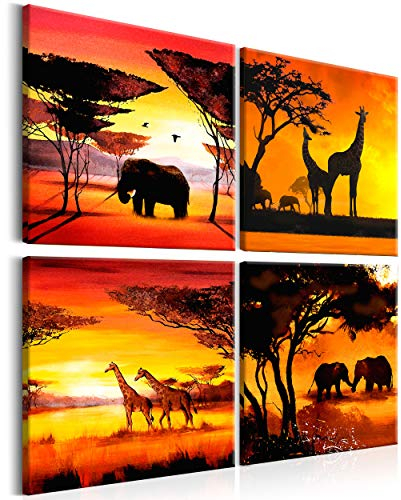 decomonkey Bilder Set Afrika 4 Teilig- jedes Teil 20x20 cm | Leinwandbilder Bild auf Leinwand Vlies Wandbild Kunstdruck Wanddeko Wand Wohnzimmer Wanddekoration Deko Sonnenuntergang Elefant