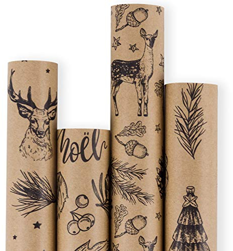 RUSPEPA Rouleau De Papier D'Emballage De Noël - Papier Kraft Marron Avec Papier D'Impression D'Éléments De Noël Noir - 4 Rouleaux - 76 cm X 305 cm Par Rouleau