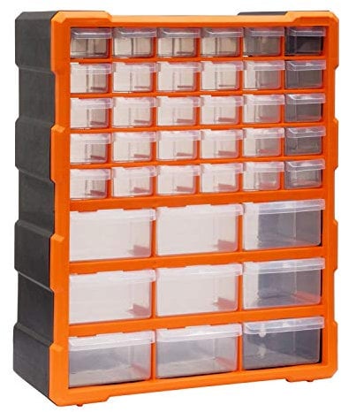 Bond Hardware 39 Drawer Organiser for DIY Tool Bits Plastic Storage Units - Workshop Screws and Small Parts Cabinet or Office Stationary Craft Box Black/Orange
