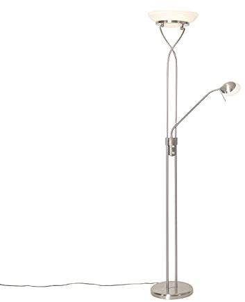 QAZQA - Modern Stehleuchte I Stehlampe I Standleuchte I Lampe I Leuchte Stahl I Silber I nickel matt inkl. LED und Dimmer mit Leselampe - Empoli Dimmer I Dimmbar I Wohnzimmer I Schlafzimmer I Deckenfl