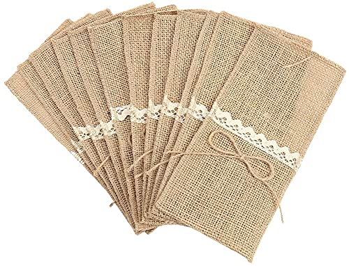 Alnicov Natürliche Jute-Spitzen-Utensilienhalter für Jute-Serviettenhalter,Taschen für Vintage Hochzeit,Party,Abendessen,Thanksgiving,Bankett,Geschirr-Dekorationen (Jute-Schleife,20 Packungen)