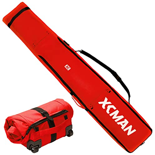 XCMAN Gepolsterte Snowboard-Rollentasche mit TSA-Schloss, perfekt für Roadtrips und Flugzeuge, verstellbare Länge von 145,8 cm bis 190 cm, passend für 2 Paar Ski oder Snowboards (Rot, 0)