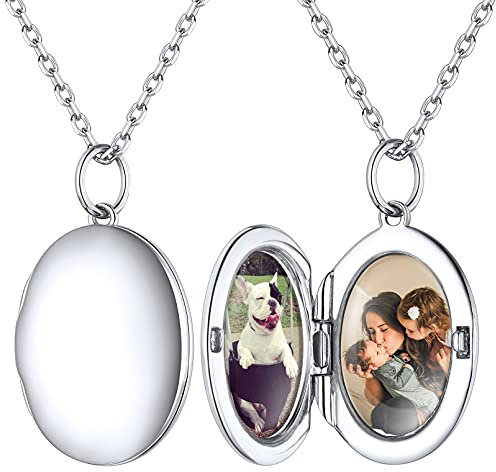 ChicSilver Silber Oval Medaillon Anhänger Personalisierter Photo Amulett mit Gravur Damen Mädchen Fotoanhänger Bild Halskette mit Geschenkebox für Jeden Tag