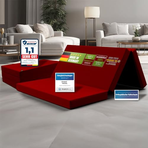 SHOGAZI Klappmatratze 140x200 x 12 cm, Gästematratze klappbar Made in Germany, Faltmatratze VERGLEICHSSIEGER, ultimativer Schlafkomfort, Orthopädischer Kaltschaum - Weinrot
