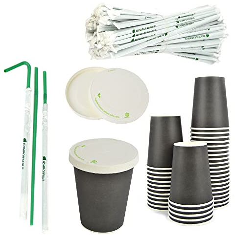 PZ 50 BICCHIERI IN CARTONE MARRONI DA 350 ML (12 OZ) + PZ 50 COPERCHI IN CARTA CON FORO + CANNUCCE COMPOSTABILI IMBUSTATE IDEALI PER BIBITE ACQUA, ARANCIATA E BEVANDE GASSATE