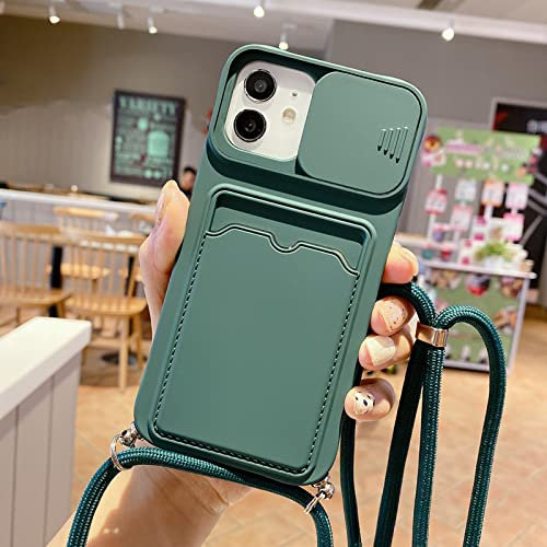 Generic Neck Lanyard Strap Phone Case für iPhone 12 11 Pro Max X XR XS Max 7 8 Plus Wallet Card Holder Slide Lens Camera Protector Cover, Dunkelgrün, für iPhone 7