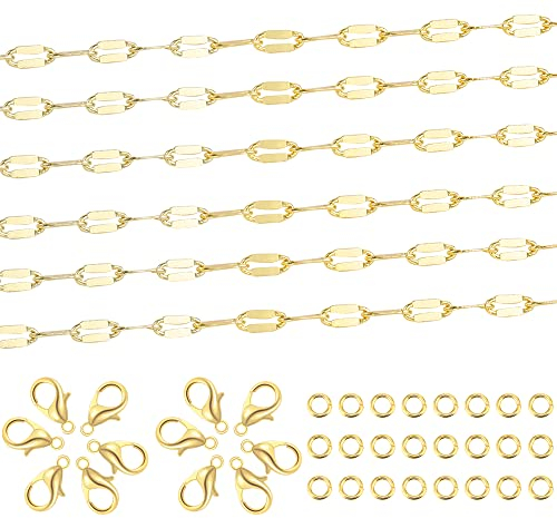ALEXCRAFT 16 Füße Gliederkette Gold Ketten Basteln Edelstahlkette Meterware Halsketten mit 12 Karabinerverschluss und 24 Sprung Ringe für DIY Schmuckherstellung,Gold(6 mm)