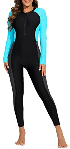 ALLTOKE Women Zip Front Full Body Rash Guard with Bra Light Blue L