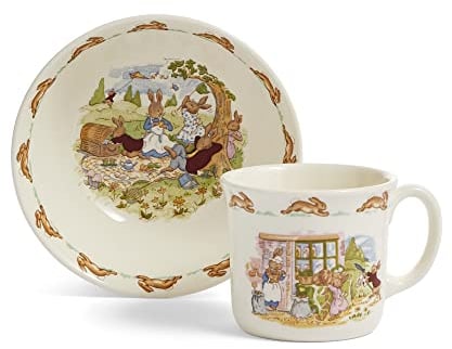 Royal Doulton Bunnykins Children's Dining Set, 2-Piece Earthenware Bowl and Mug, Picnic and Grocery Scenes, Cream with Multicoloured Illustrations