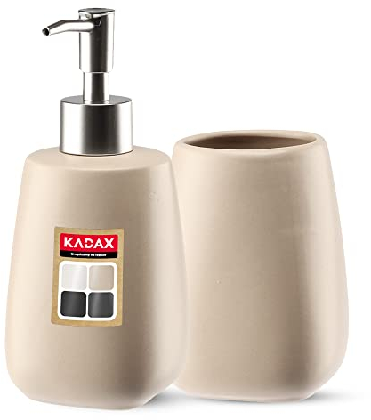 KADAX 2-teiliges Badezimmer Set aus Keramik, Badaccessoires, Badzubehör, Seifenspender, Badezimmerbecher, Seifenschale und WC-Bürste (Becher&Spender Beige)