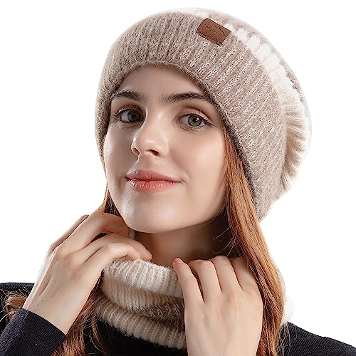 WANYIG Winter Mütze mit Schal Damen Wintermütze Warm Strickmütze Wollmütze Weich Gestrickt Beanie Loop Schal Set für Herbst Winter 55-60cm(Beige)