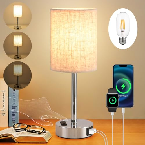 LED Nachttischlampe Touch Dimmbar, Modern Tischlampe mit USB A+C-Ladeanschluss, Leinen Lampenschirm, Metall Basis, kleine Lampe, für Schlafzimmer, Büro, Wohnzimmer, (Inklusive Glühbirne) (Beige)