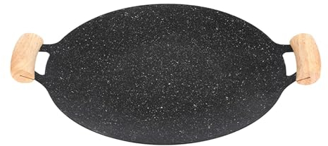 lembrd Sartén Teppanyaki - Sartén para Hornear de Hierro Fundido Antiadherente con Mango de Madera Doble | Sartén para Parrilla para Barbacoa, Placa Multifuncional para Carnes, panqueques y Costillas