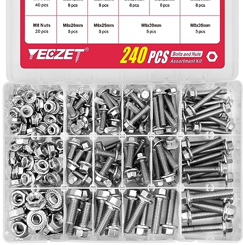 Kit di Bulloni e Dadi Flangiati da 240 Pezzi M5 M6 M8, in Acciaio Inossidabile 304. Include 14 Dimensioni Più Comuni.