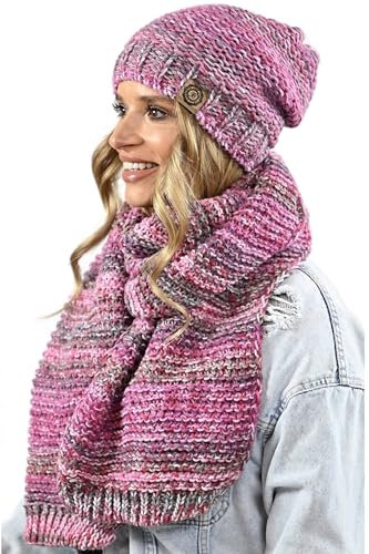 Alur Mütze Damen Beanie mit Schal Set Wintermütze Strickmütze - Warme Elastisch Elegant Winter Mütze Schal EKO - Weiches Garn Stilvoll Universell Warm (WZ12)