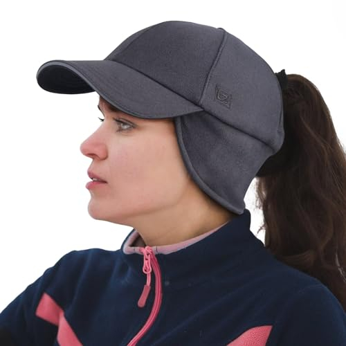 GADIEMKENSD Women's Fleece Ponytail Hat Reflective Winter Hat with Earflap Cold Hat with Adjustable Headband and Flip Down Ear Warmer Skull Cap Beanie for Outdoor Snow Ski Hiking Running Dark Grey