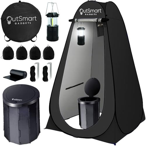 Outsmart Gadgets Outdoor Camping Toilet with Pop-Up Privacy Tent and Night Lantern, Portable Toilet Set for Comfortable Camping with Large Tent, Multipurpose Potty, Washable and Foldable for RV Travel