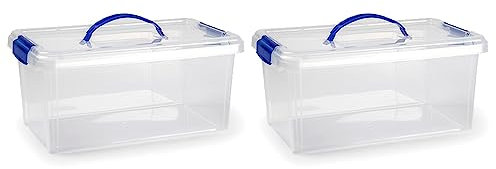 Tradineur - Pack de 2 Cajas de Almacenamiento transparente con asa azul - Fabricado en plástico - Contenedor para almacenar juguetes, Libros, ropa, mantas - N.º 24 - 17,5 x 38,5 x 23 cm - 10 Litros