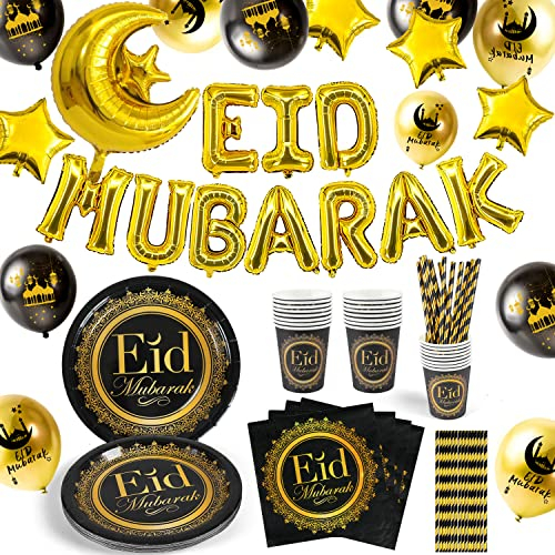 iZoeL Vaisselle Aid Moubarak 78 pièces Eid Mubarak Vaisselle Jetable Decoration Aid Moubarak Or Banderole Eid Mubarak Ballons Noir Serviettes Assiettes Tasses Pailles - Jardin Maison Restaurant