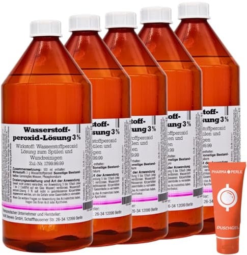Wasserstoffperoxid Lösung 3%, 5x 1000 ml I Lösung zum Spülen und Wundreinigen I Munddesinfektion I Mundgeruch, Zahnfleischbluten, Mundschleimhautenzündung I Spar-Set plus Pharma Perle give-away