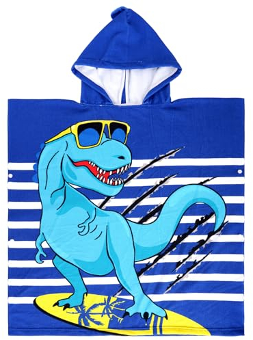 Kinder Strandtuch Kapuze Strand Badetuch Weiche Mikrofaser Badetücher Badehandtuch Swim Pool Cover-up Cape 24 x 24 Zoll/29.5 x 29.5 Zoll Hai für Jungen und Grills (Blauer Dinosaurier, 29.5 x 29.5)