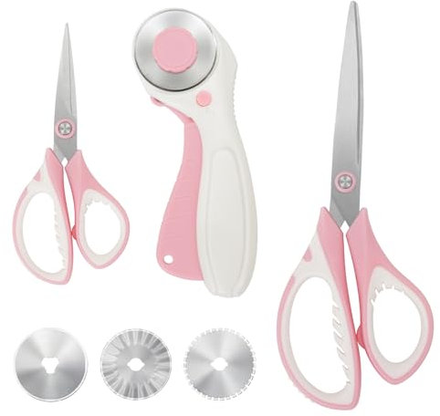 MANUFORE Set de Ciseaux de Couture et Cutter Rotatif Rose,Ciseaux à Tissu Polyvalents 26cm+14cm et Cutter Rotatif 45mm avec 3 Lames Rondes de Rechange pour Tissu, Papier, Cuir,Toile, Scrapbooking