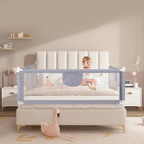 HUOLE Griglia di protezione per letto da 150/180/200cm, altezza regolabile, griglia di protezione per letto per bambini, con rete ariosa, sicura, facile da montare, 1,8 m-grigio