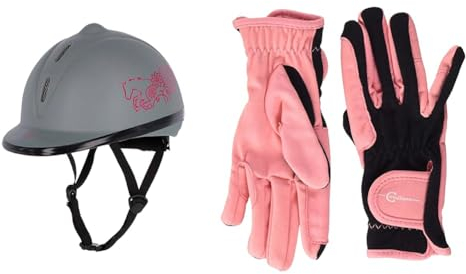 Covalliero Kinder Reithelm Beauty VG1, grau, Größe 52-55 & Kinder Kinderreithandschuh Lilli Black/pink, Größe S Reithandschuh,