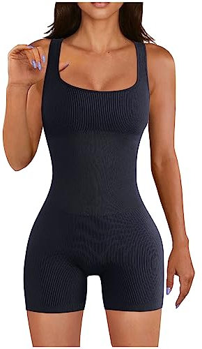 Tierkostüme Damen-Yoga-Strampler, gerippter, ärmelloser Sport-Strampler mit quadratischem Ausschnitt Jumpsuit Kurz Damen Schwarz (Navy, S)