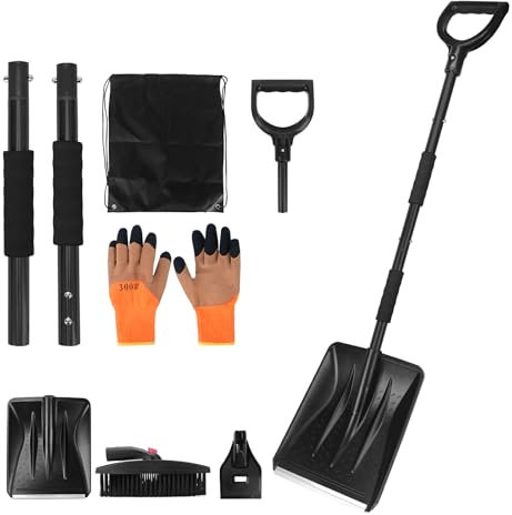 COVVY Kit de Pelle à Neige rétractable 3 en 1 avec grattoir à Glace et Brosse à Neige pour Glace, Neige, allée de Voiture avec Sac de Rangement et Gants (Noir)