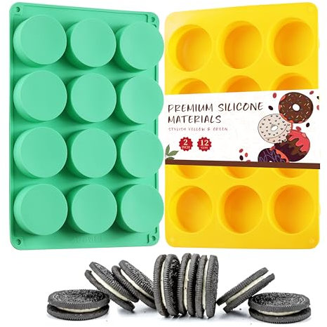 2PCS Molds Silicone, HIA Round 12-Cavity Chocolate Cookie Candy Silicone Mold, Baking Molds for Oreo, Chocolate, Cookie, Candy, Mini Cake, Jelly (Yellow+ Green)